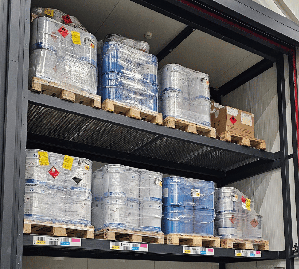 Dangerous goods pallets on racking in a safe